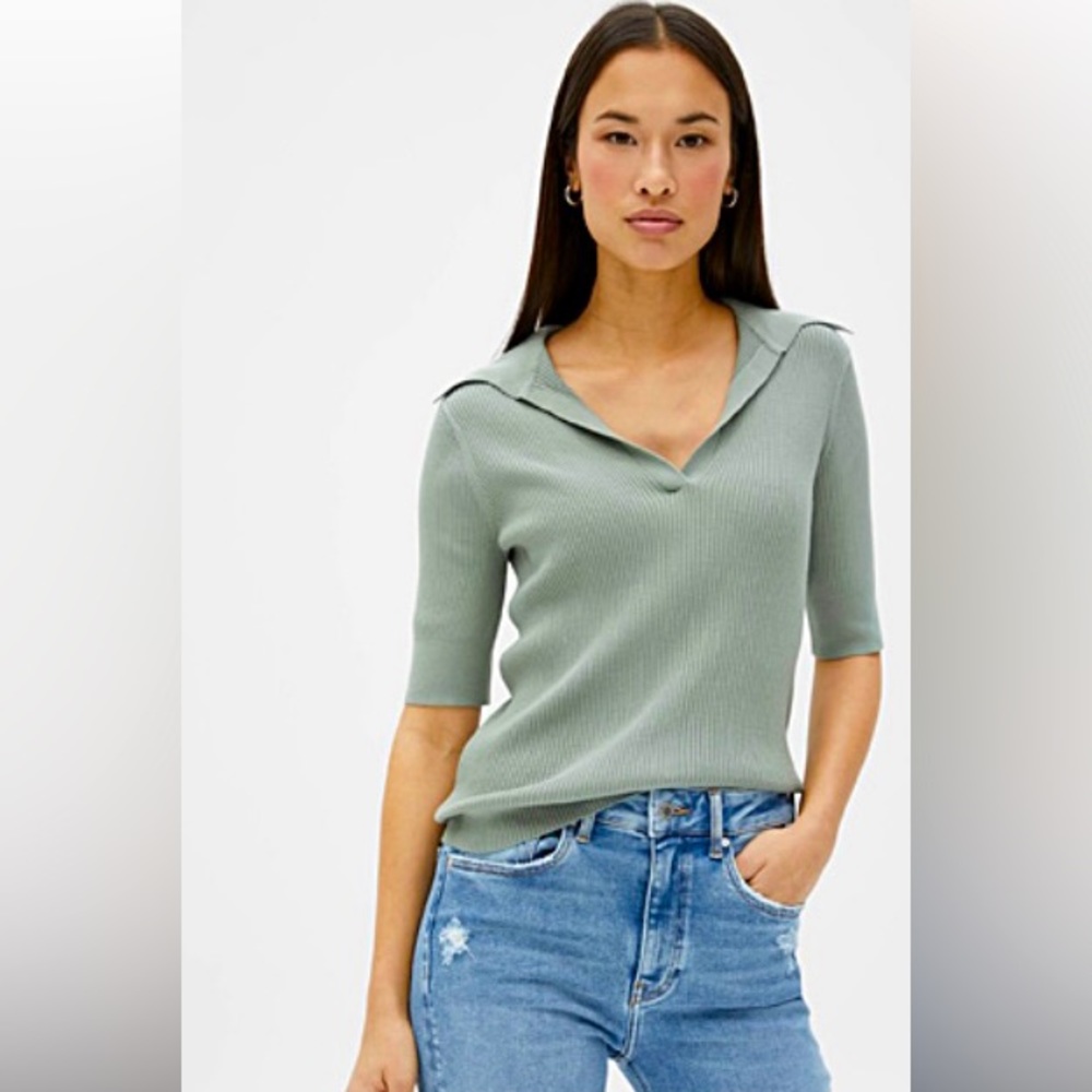 Fitted rib knit Johnny collar sweater